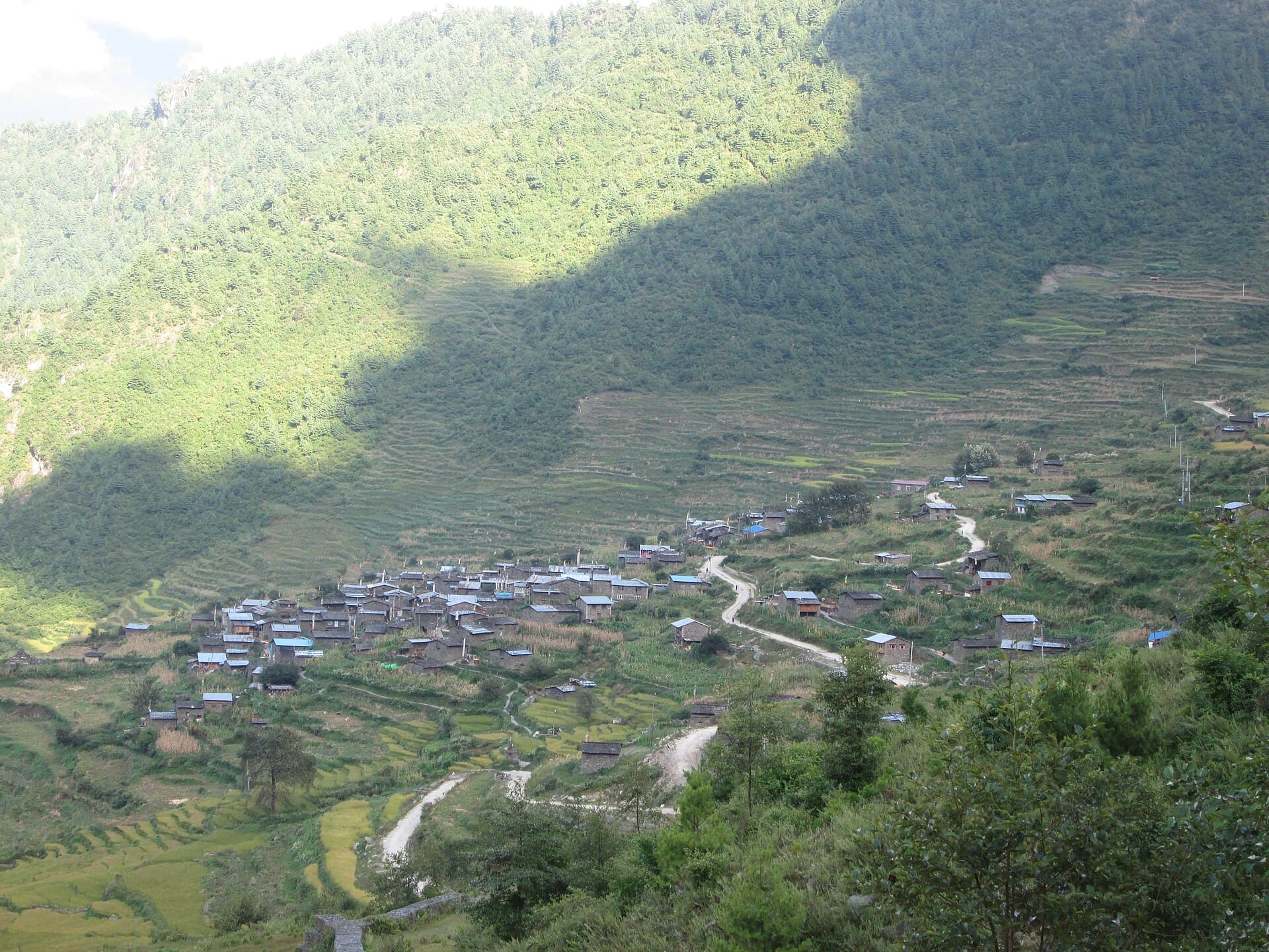 Traditional dark stone houses in Gatlang village Langtang Nepal
