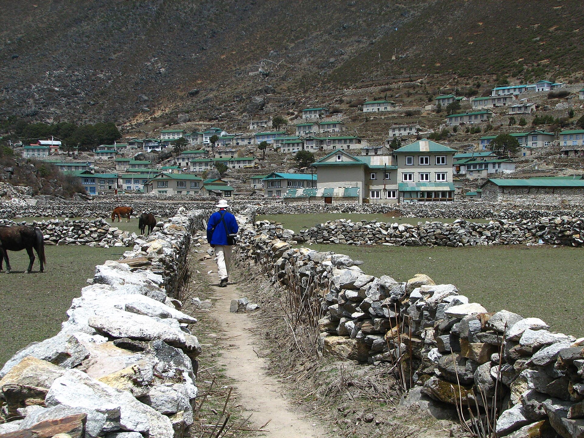 Khumjung village with green roofs beneath sacred Mount Khumbila