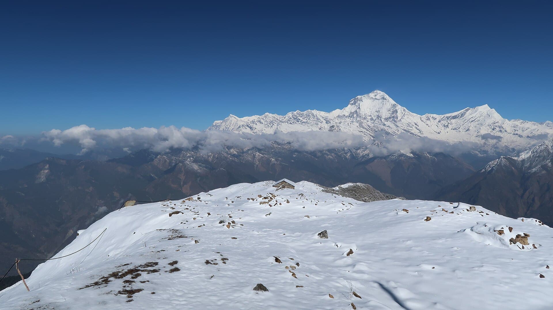 View of snow peaks from Khopra Danda ridge in Nepal
