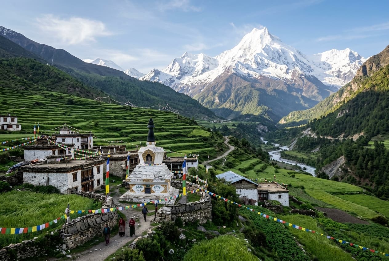 Tsum Valley villages and mountains
